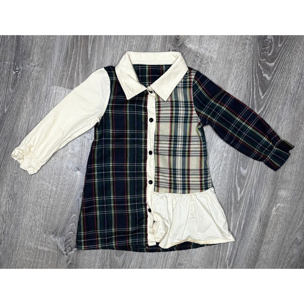 Toddler Girl's Collared Long Sleeve Plaid Dress Green Blue Cream Size 2-3 Years